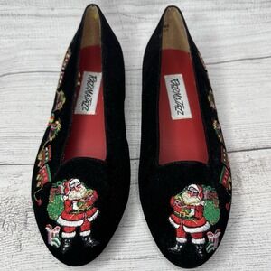 Razzmatazz Girls Black Velvet Christmas‎ Embroidered Santa Flats Size 4
